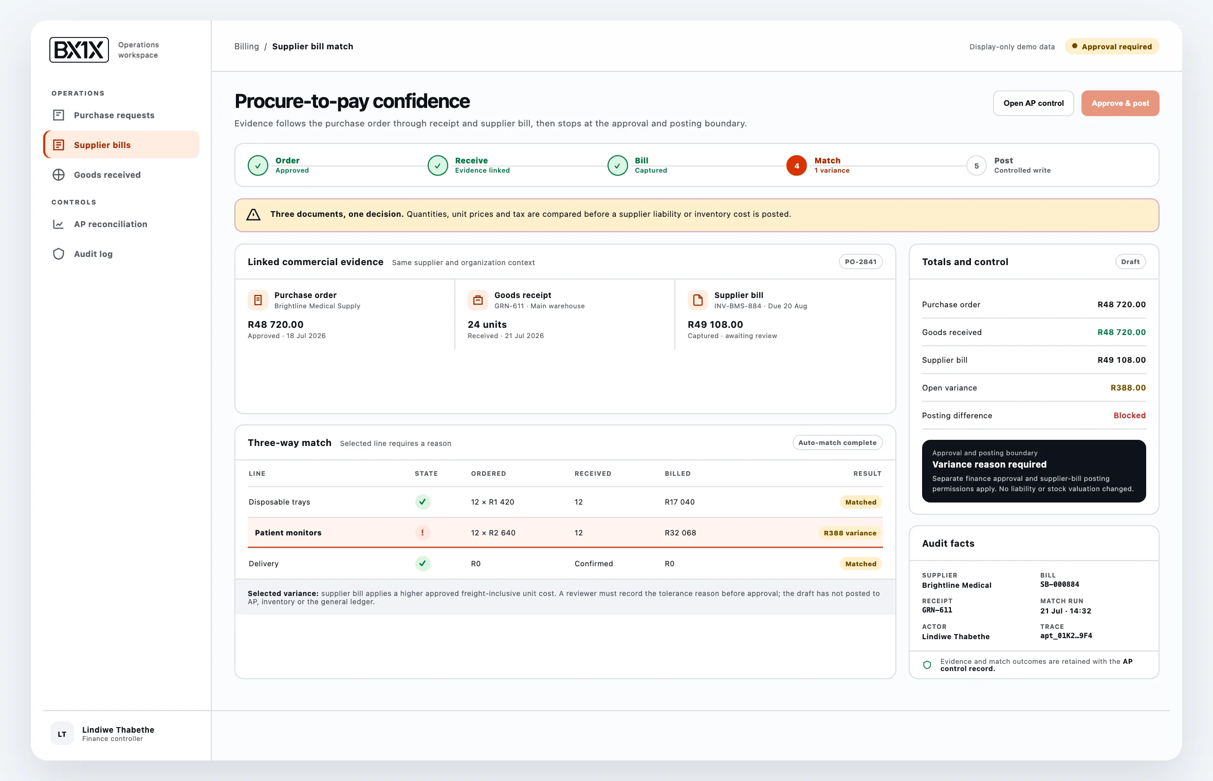 BX1X purchasing workspace showing purchase orders, supplier invoices and approval checks with demo data