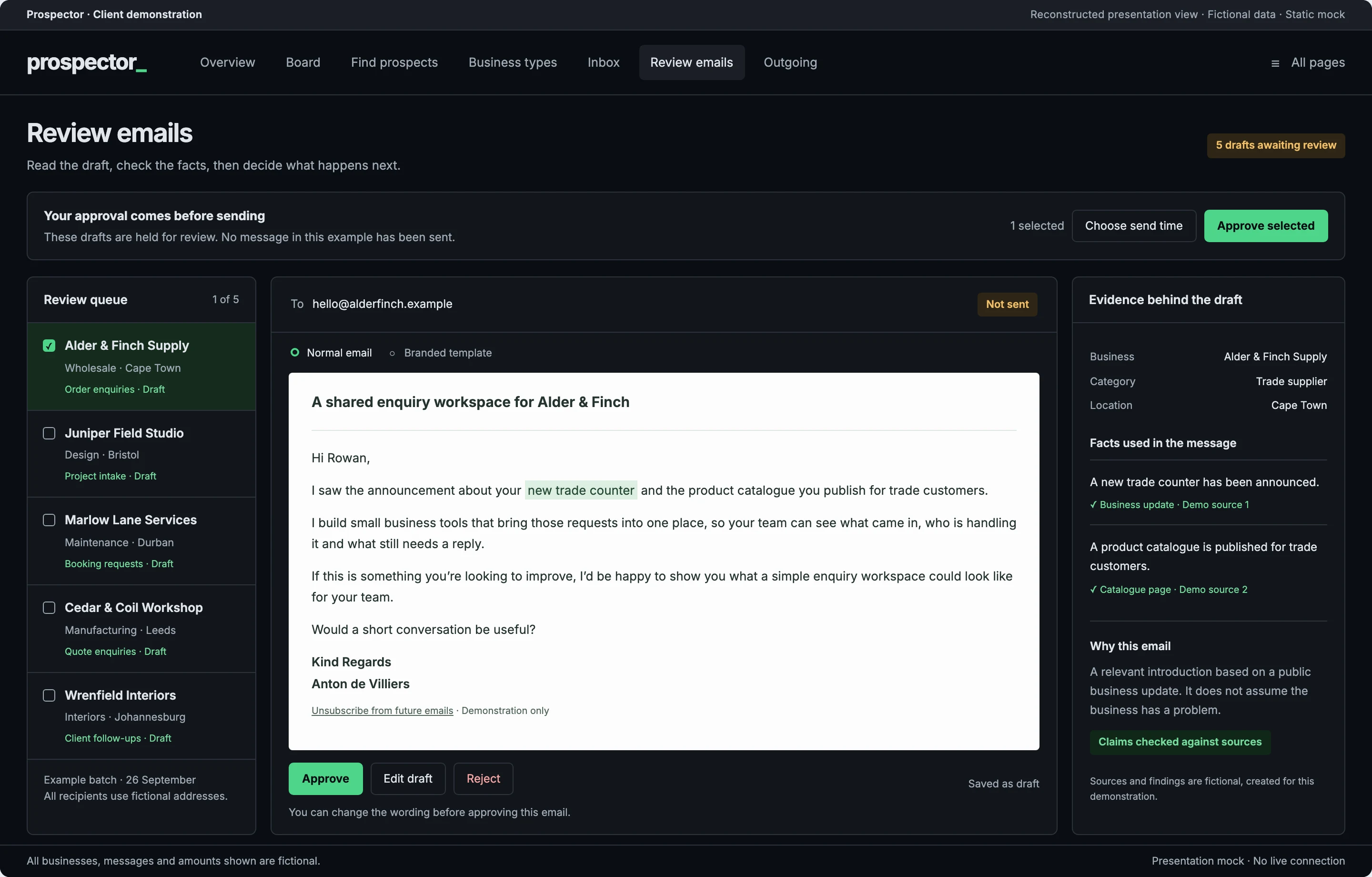 Prospector review queue: an AI-drafted email waiting for a person to approve it