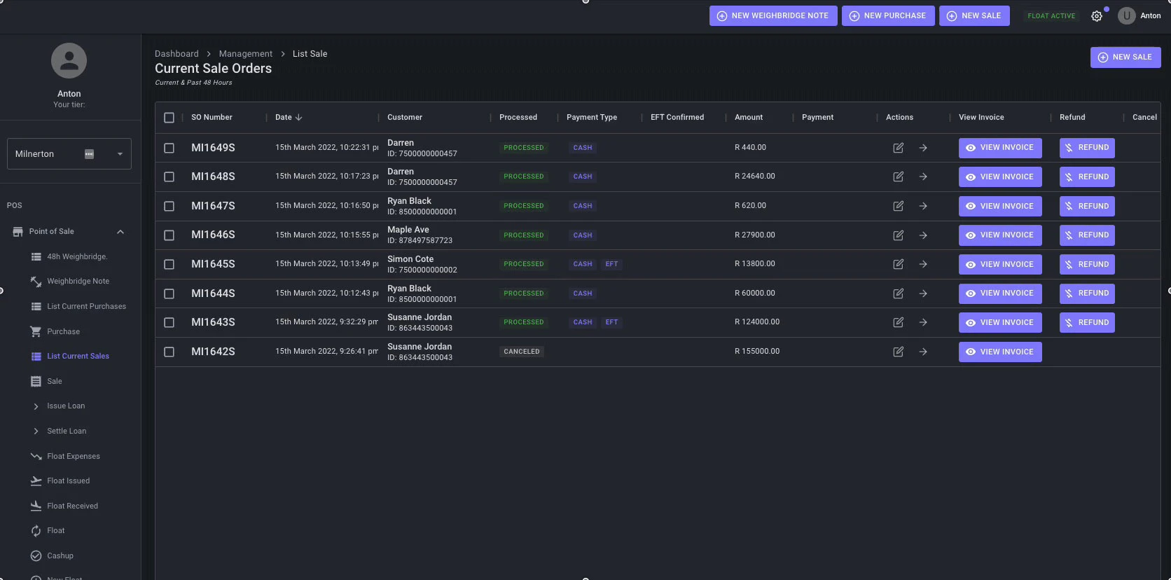 A point-of-sale screen listing current sale orders, payment types and refunds