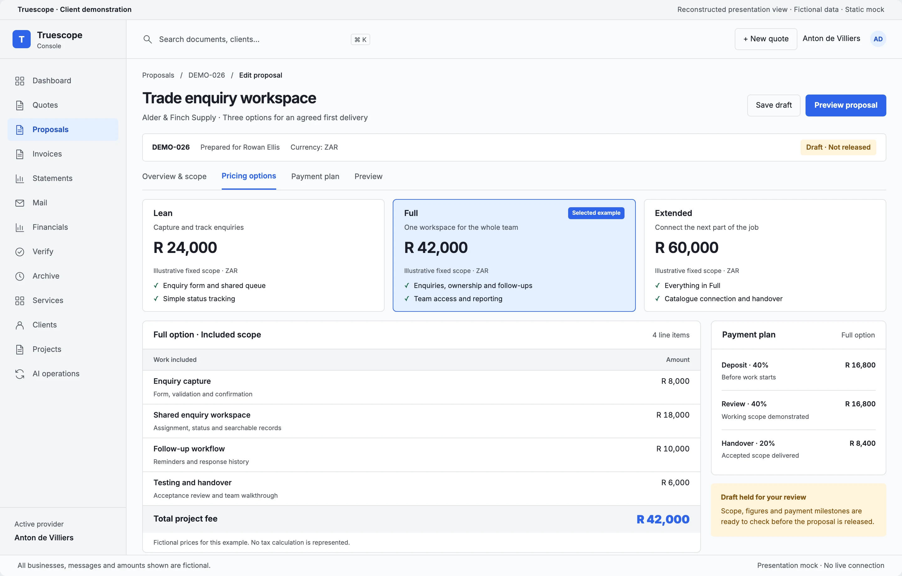 Truescope proposal editor with three pricing options, marked draft, not sent